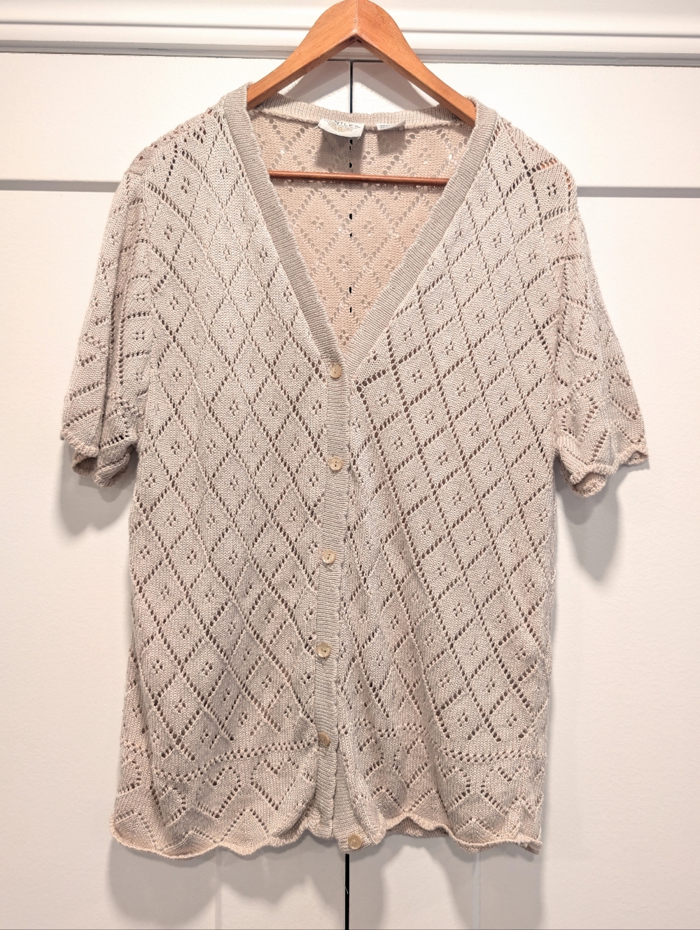 BENTLEY Women's Beige Diamond Open Knit V-Neck Short Sleeve Cardigan Size Small